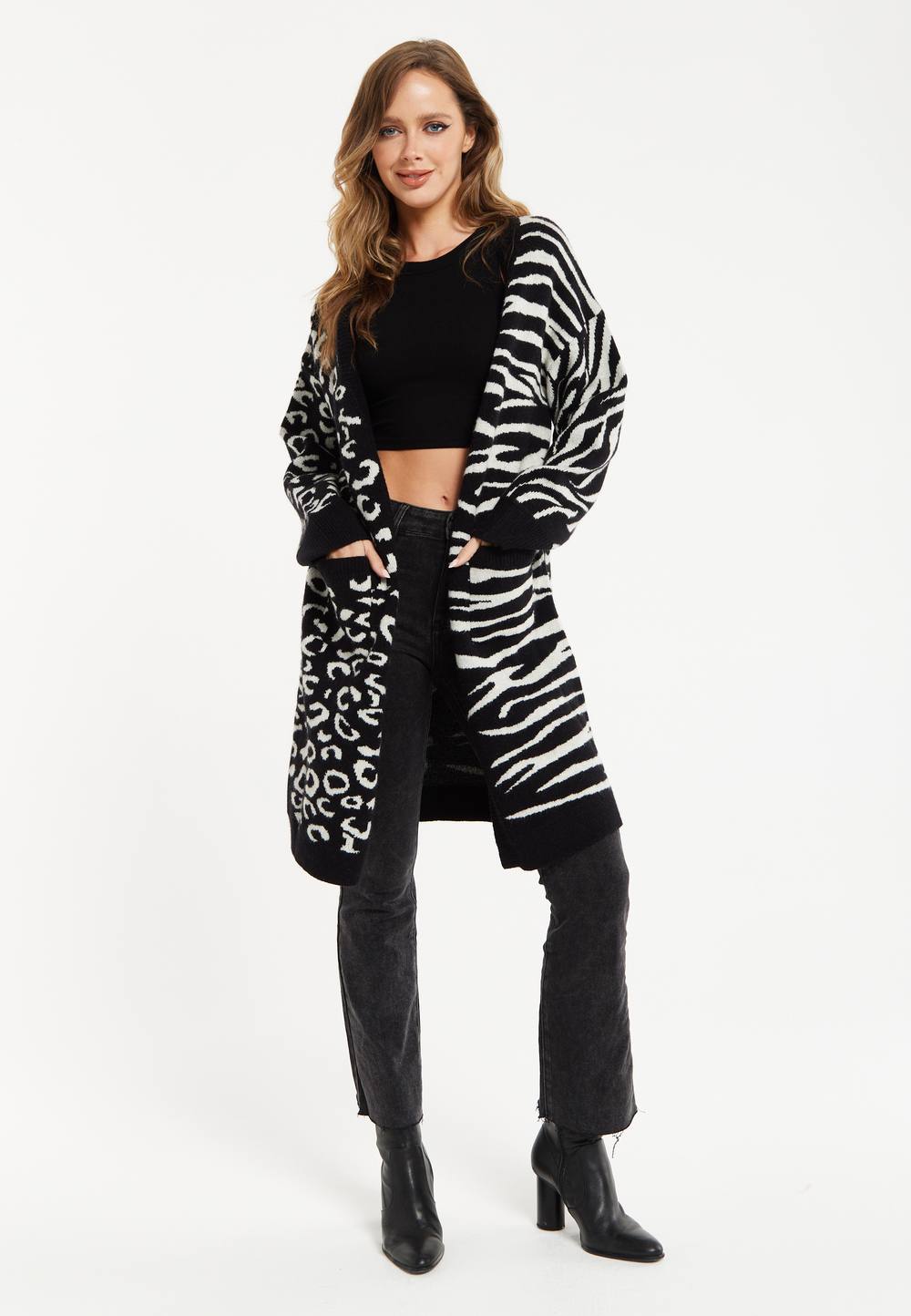 Liquorish Animal-Print Contrast Long Cardigan In Black&white Liquorish Animal-Print Contrast Long Cardigan In Black&white