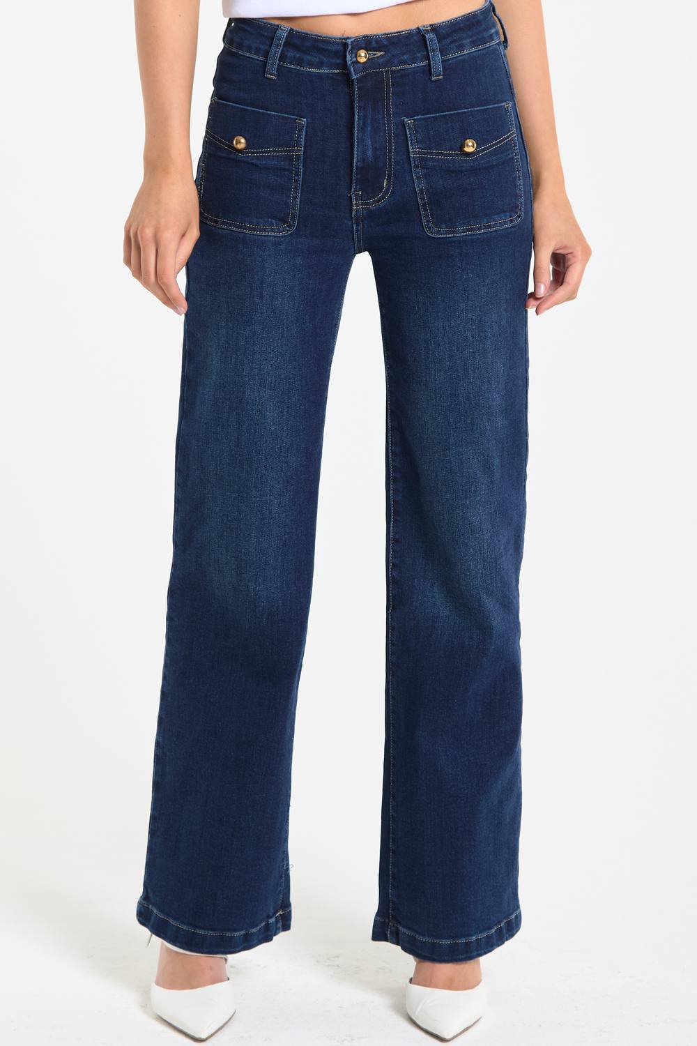 Liquorish Dark Wash Patch Pocket Flare Jeans In Navy Liquorish Dark Wash Patch Pocket Flare Jeans In Navy