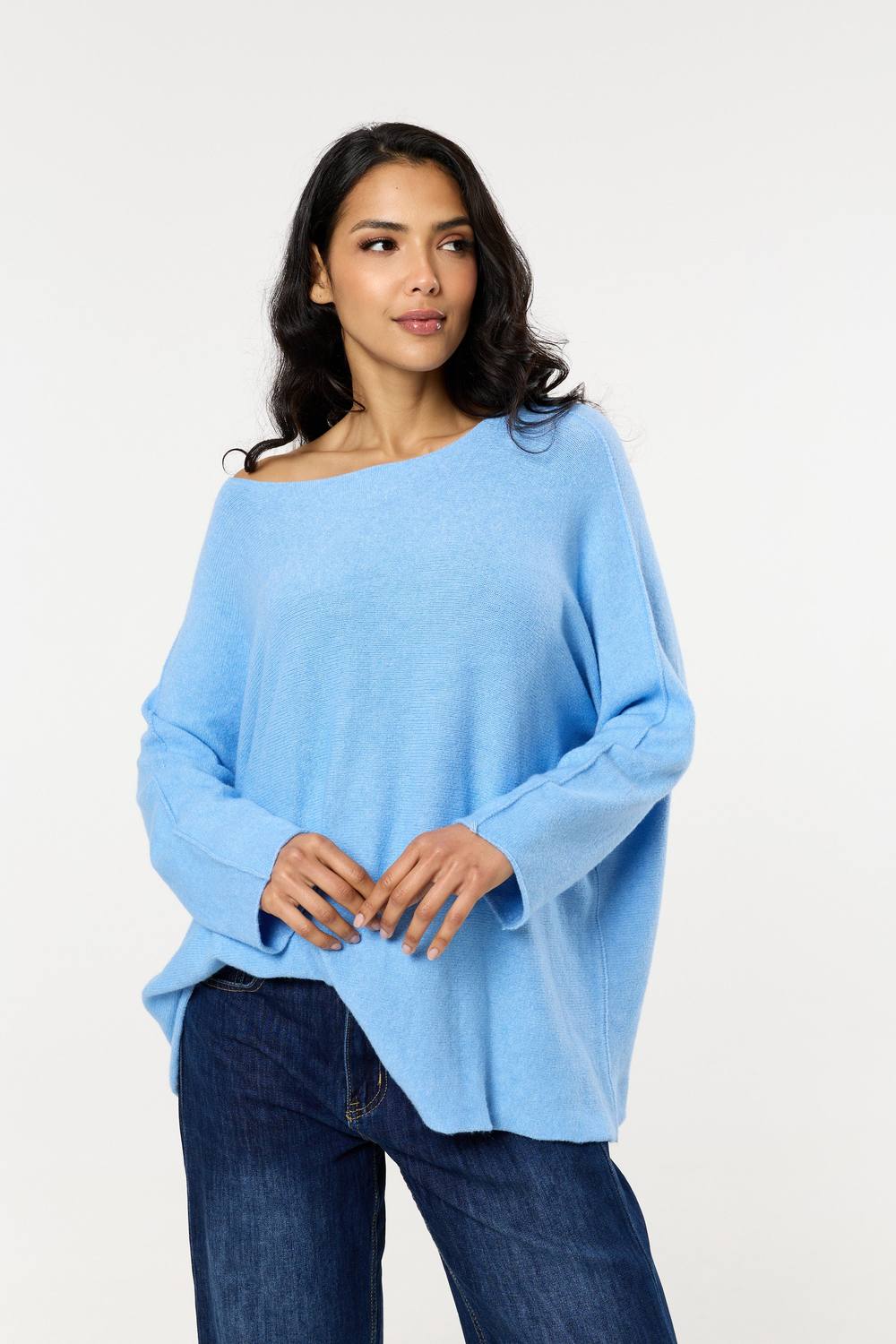 Liquorish Sky Blue Off Shoulder Relaxed Knit Jumper Liquorish Sky Blue Off Shoulder Relaxed Knit Jumper