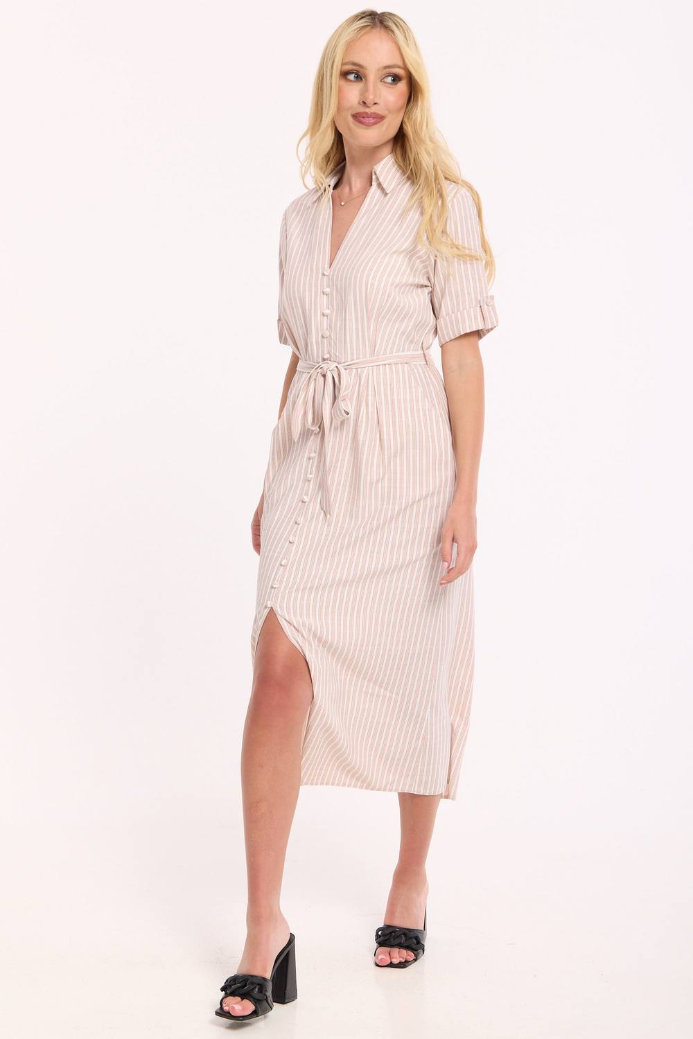 Liquorish Beige Stripe Button Midi Shirt Dress Liquorish Beige Stripe Button Midi Shirt Dress