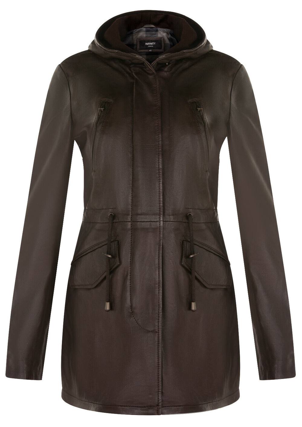 Infinity Leather Mid Length Hooded Parka Jacket-Oakengates In Brown Infinity Leather Mid Length Hooded Parka Jacket-Oakengates In Brown