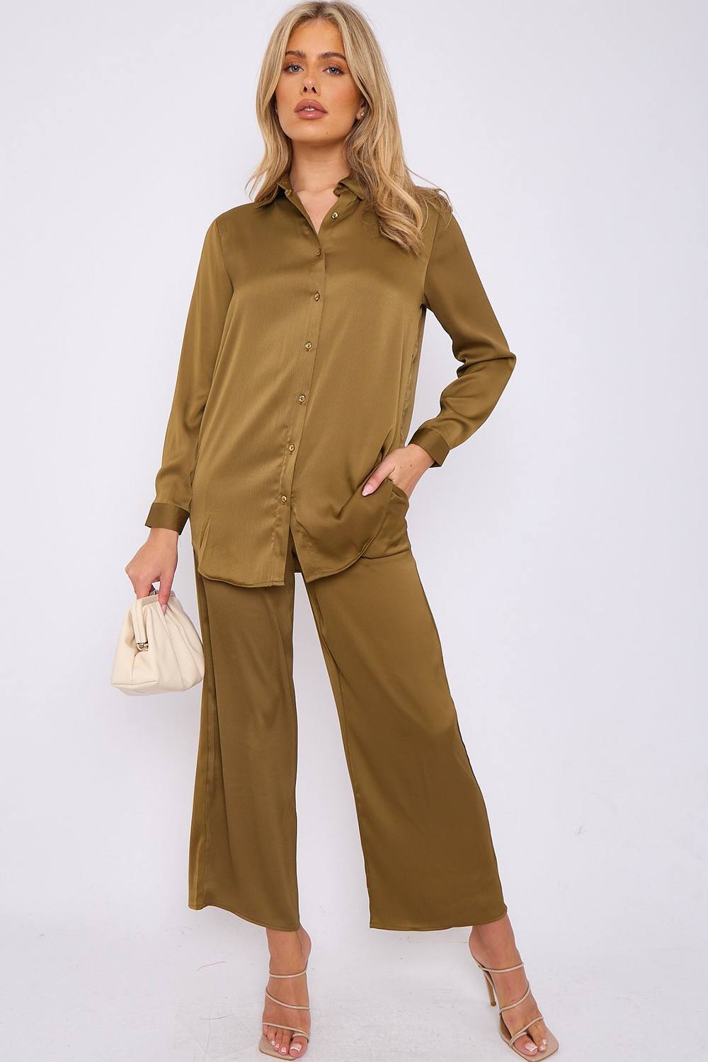 Love Sunshine Olive Crepe Satin Co-Ord Shirt And Trousers Set In Green Love Sunshine Olive Crepe Satin Co-Ord Shirt And Trousers Set In Green