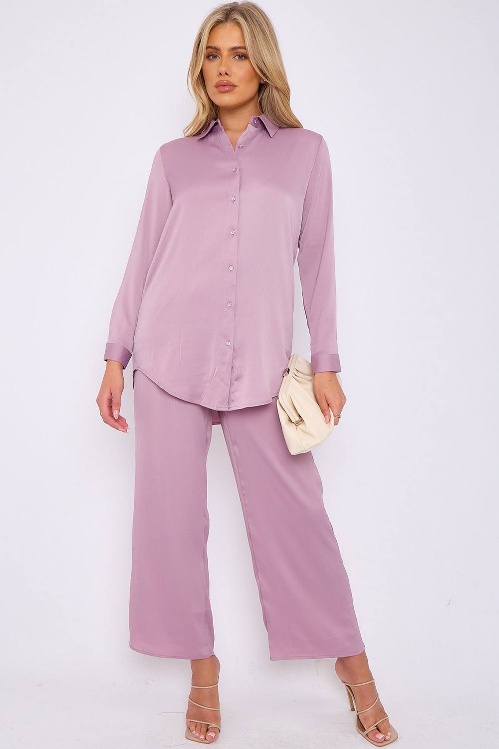 Love Sunshine Dusty Pink Crepe Satin Co-Ord Shirt And Trousers Set