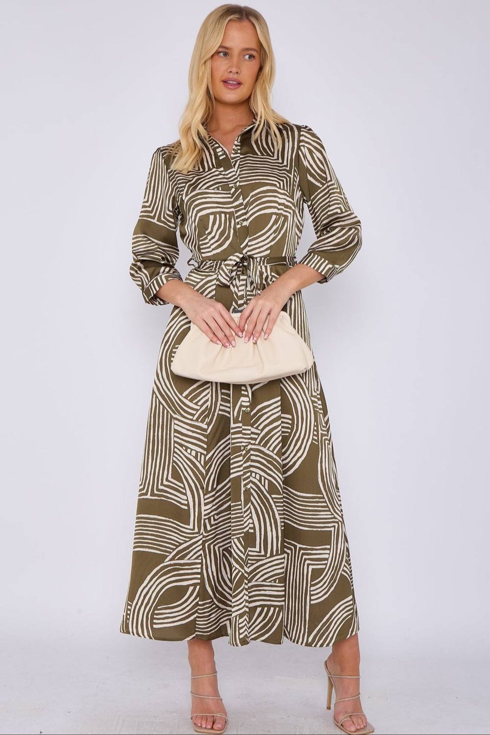 Love Sunshine Geometric Print Satin Maxi Shirt Dress In Green Love Sunshine Geometric Print Satin Maxi Shirt Dress In Green
