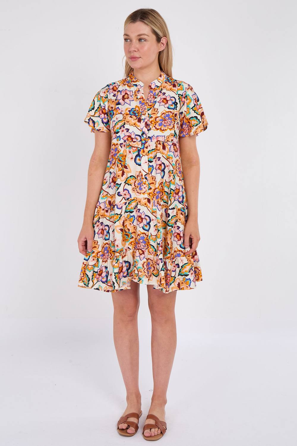 Love Sunshine White Bloom Print Ruffle Hem Mini Shirt Dress Love Sunshine White Bloom Print Ruffle Hem Mini Shirt Dress