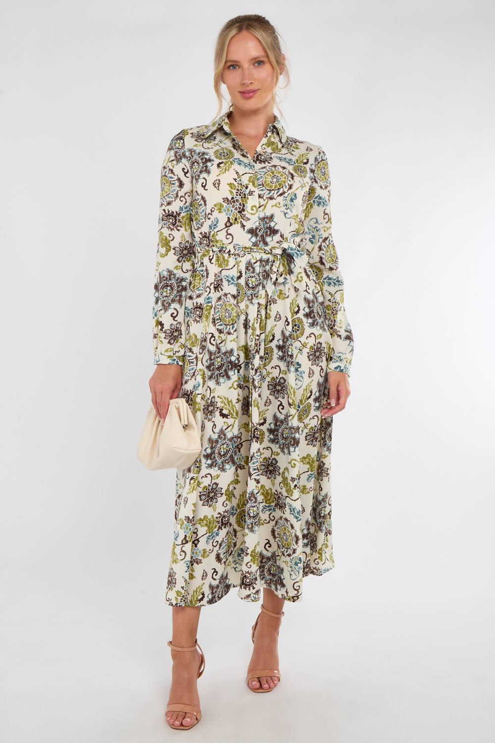 Love Sunshine Ivory And Olive Baroque Floral Print Maxi Shirt Dress In Green Love Sunshine Ivory And Olive Baroque Floral Print Maxi Shirt Dress In Green
