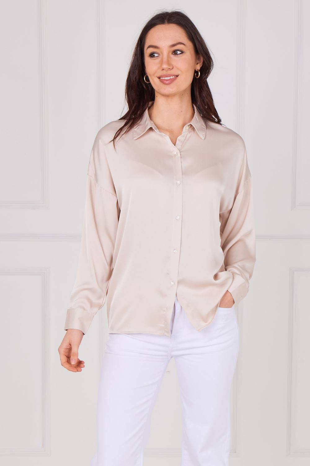 Love Sunshine Blush Beige Brushed Satin Oversized Shirt Love Sunshine Blush Beige Brushed Satin Oversized Shirt