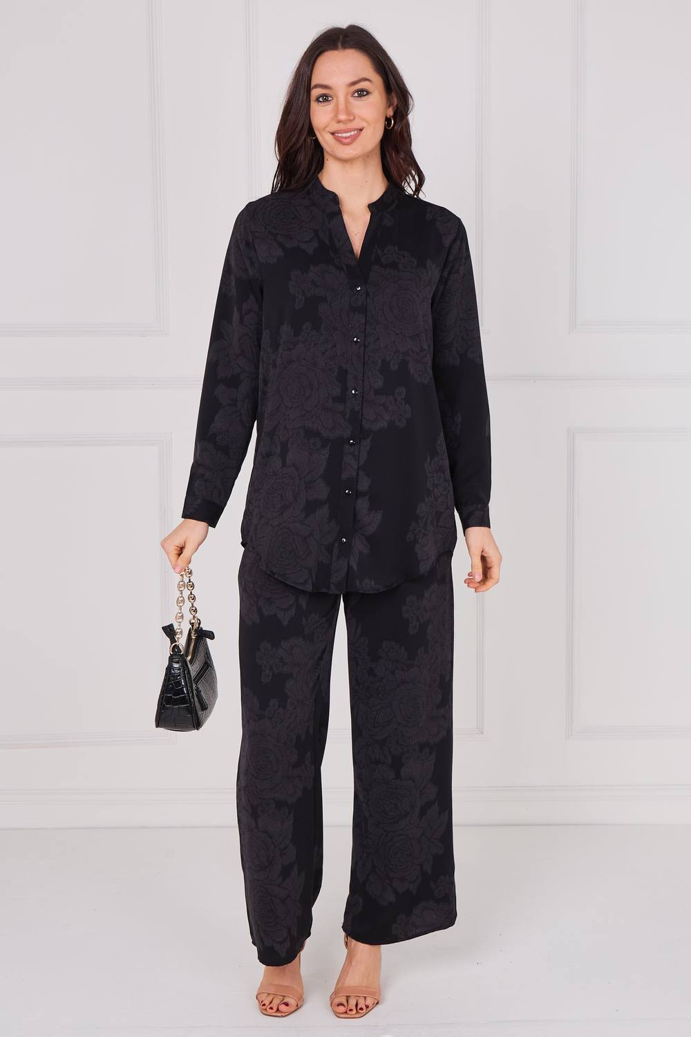 Love Sunshine Black Tonal Rose Print Shirt And Trousers Co Love Sunshine Black Tonal Rose Print Shirt And Trousers Co