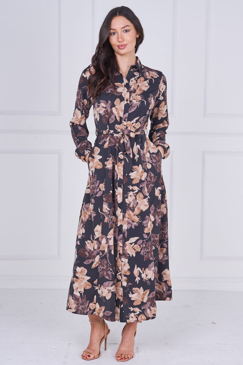 Love Sunshine Charcoal And Mocha Floral Belted Midaxi Shirt Dress Love Sunshine Charcoal And Mocha Floral Belted Midaxi Shirt Dress