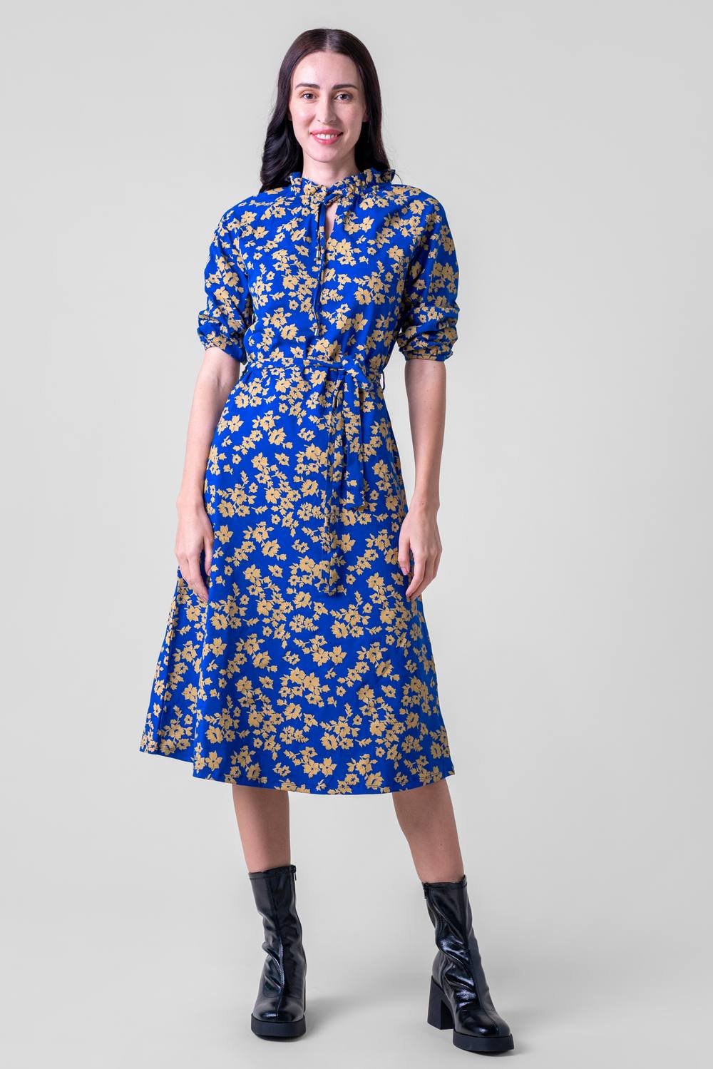 Enorsia Tie Frill Neck Printed Midi Dress In Blue Enorsia Tie Frill Neck Printed Midi Dress In Blue