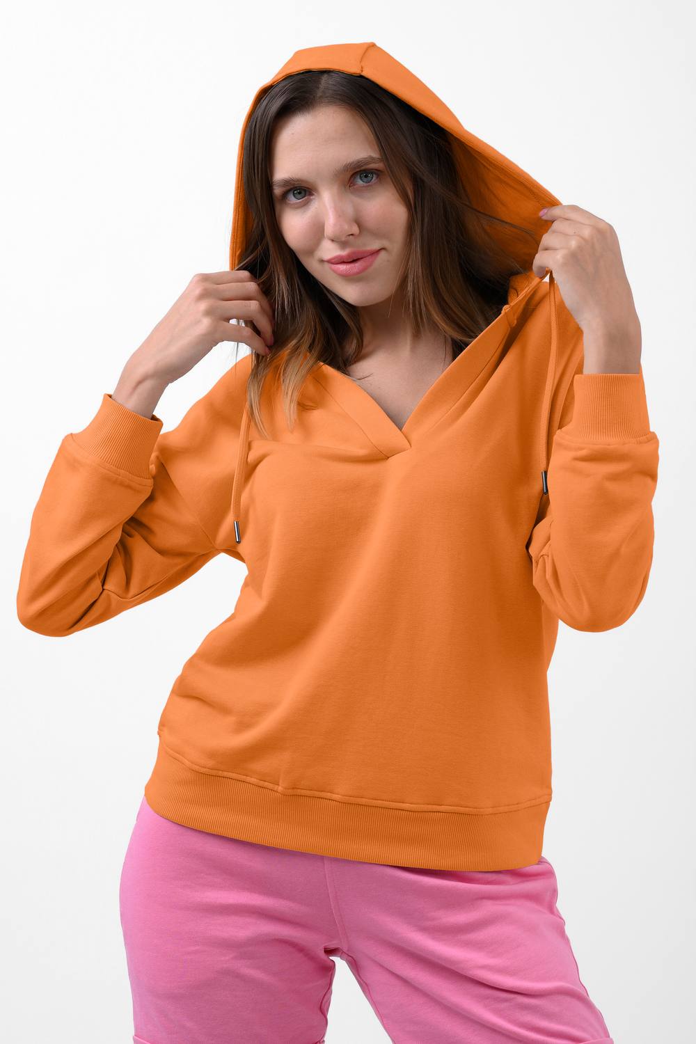 Enorsia V-Neck Drop Shoulder Hoodie In Orange