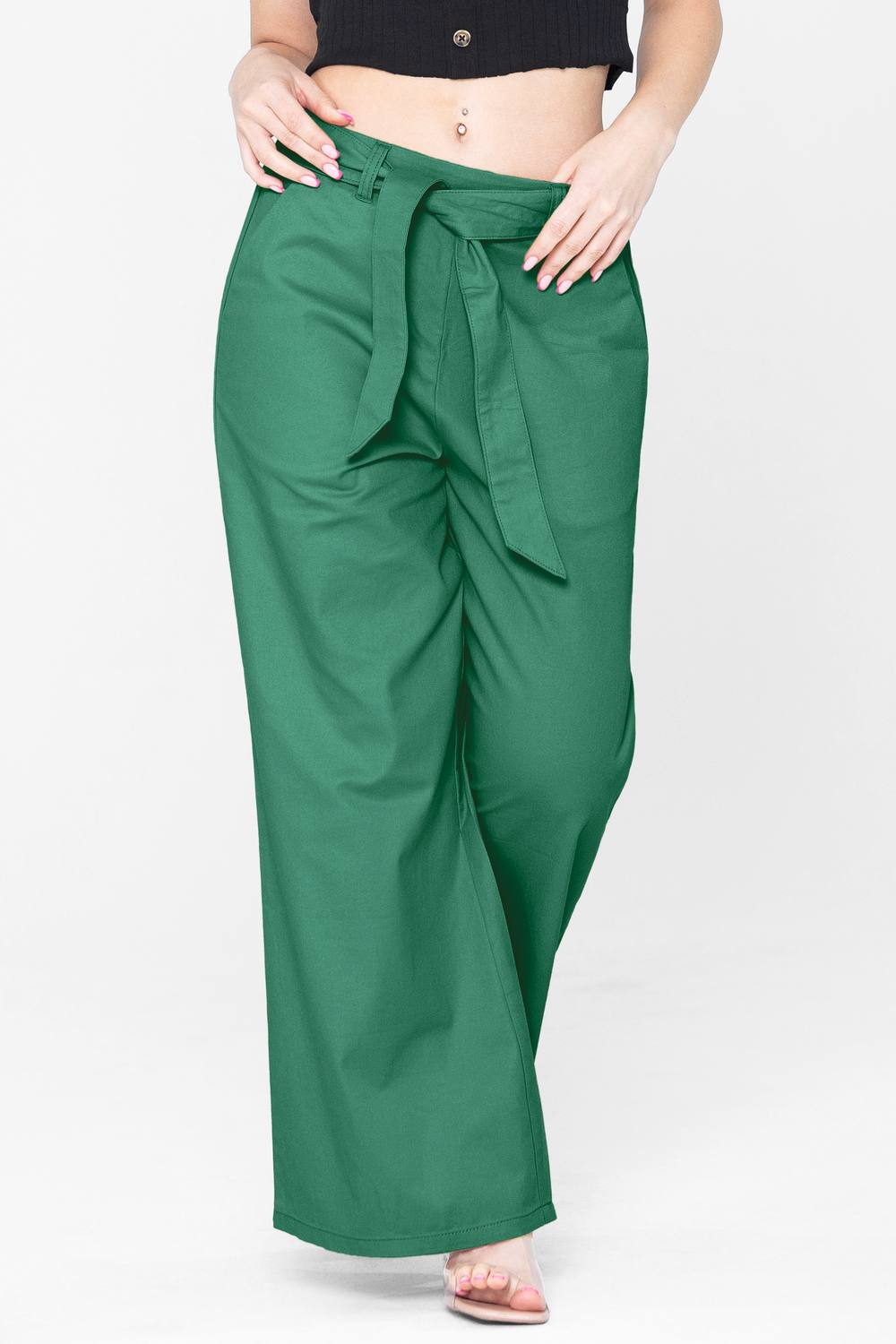 Enorsia Woven Elastic Waist Wide Leg Trousers In Green Enorsia Woven Elastic Waist Wide Leg Trousers In Green