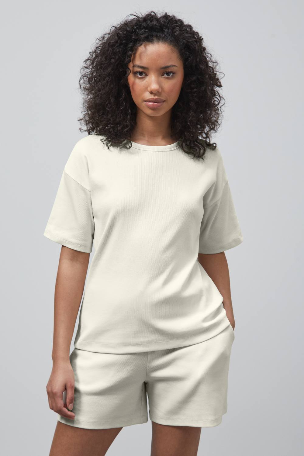 Enorsia Oversized Ribbed Shirt & Shorts Set In White Enorsia Oversized Ribbed Shirt & Shorts Set In White