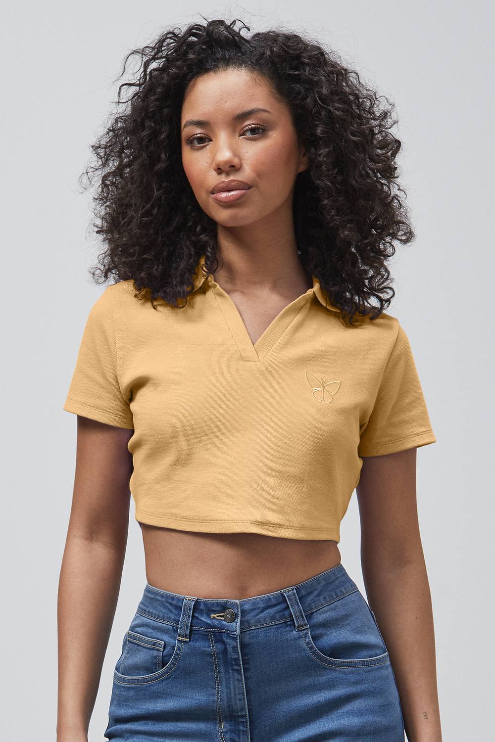 Enorsia Waffle V-Neck Crop Polo Shirt In Yellow Enorsia Waffle V-Neck Crop Polo Shirt In Yellow