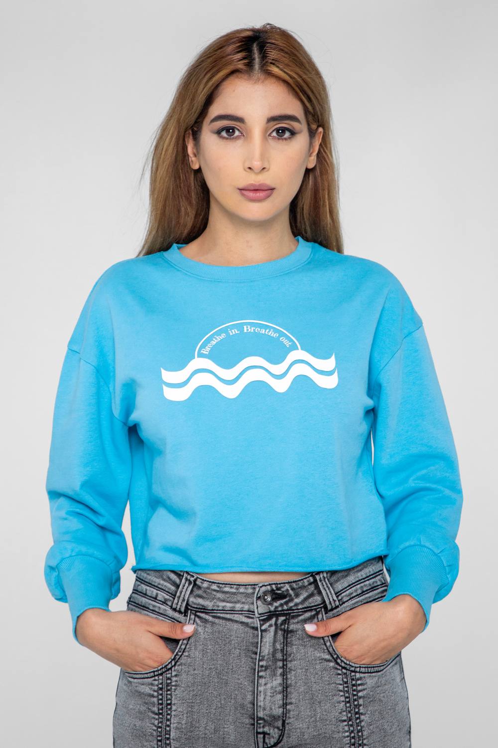 Enorsia Raw Edge Chest Print Sweatshirt In Blue Enorsia Raw Edge Chest Print Sweatshirt In Blue