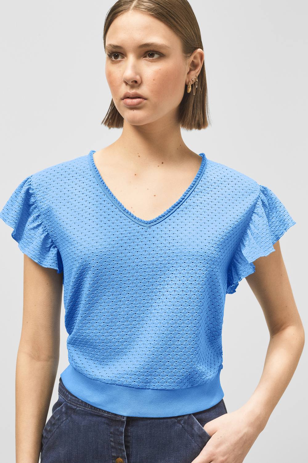Enorsia Frill Sleeves Mash Textured Jersey Shirt In Blue Enorsia Frill Sleeves Mash Textured Jersey Shirt In Blue