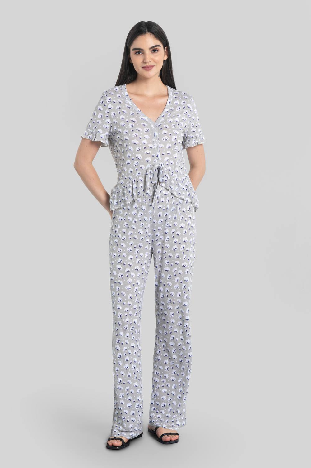 Enorsia Short Ruffle Sleeve Cotton Printed Pyjamas Set In Grey Enorsia Short Ruffle Sleeve Cotton Printed Pyjamas Set In Grey