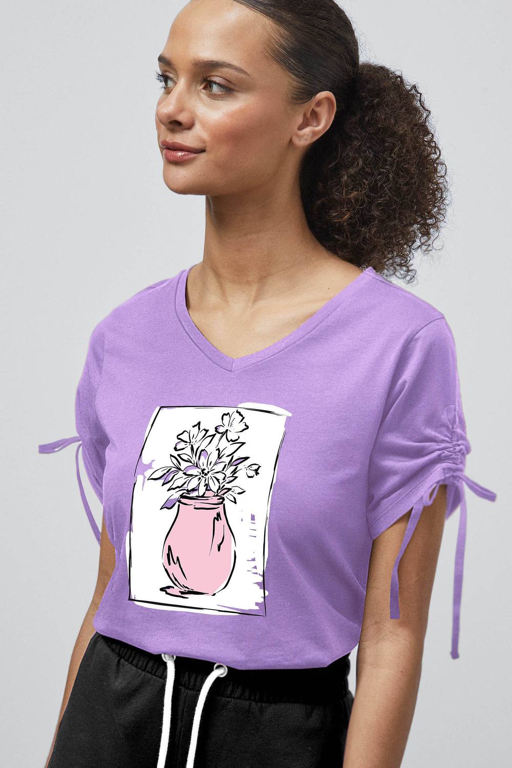 Enorsia Ruched Sleeves Chest Printed Shirt In Purple Enorsia Ruched Sleeves Chest Printed Shirt In Purple