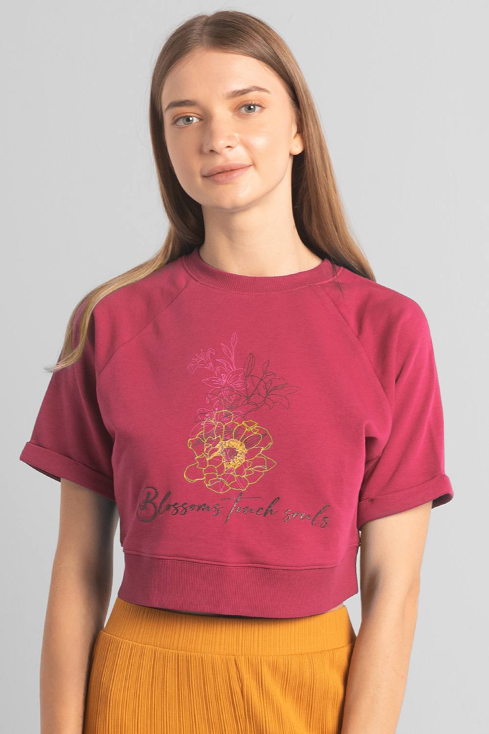 Enorsia Blossom Print Cropped Sweatshirt In Red Enorsia Blossom Print Cropped Sweatshirt In Red