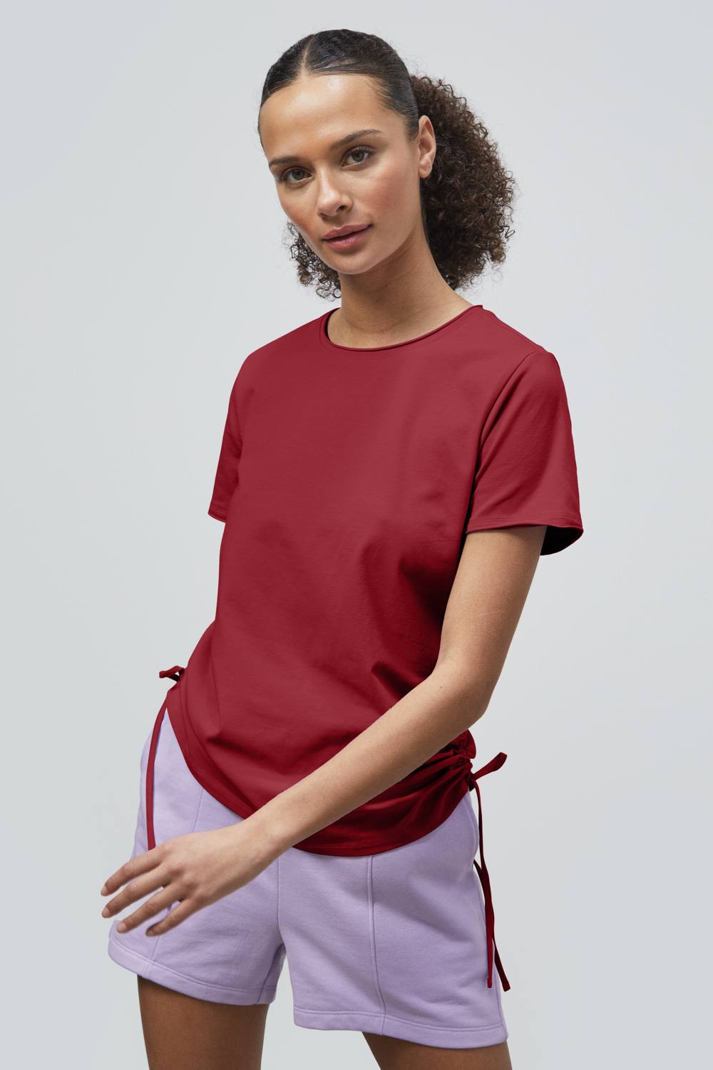 Enorsia Ruched Side Seam Short Sleeve Shirt In Red Enorsia Ruched Side Seam Short Sleeve Shirt In Red