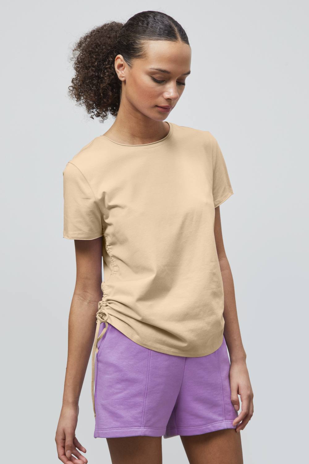 Enorsia Ruched Side Seam Short Sleeve Shirt In Cream Enorsia Ruched Side Seam Short Sleeve Shirt In Cream