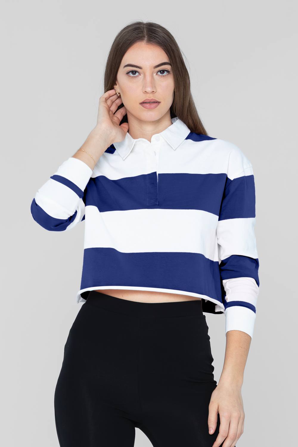 Enorsia Combed Cotton Yd Oversized Cropped Long Sleeve Polo Shirt In Blue Enorsia Combed Cotton Yd Oversized Cropped Long Sleeve Polo Shirt In Blue