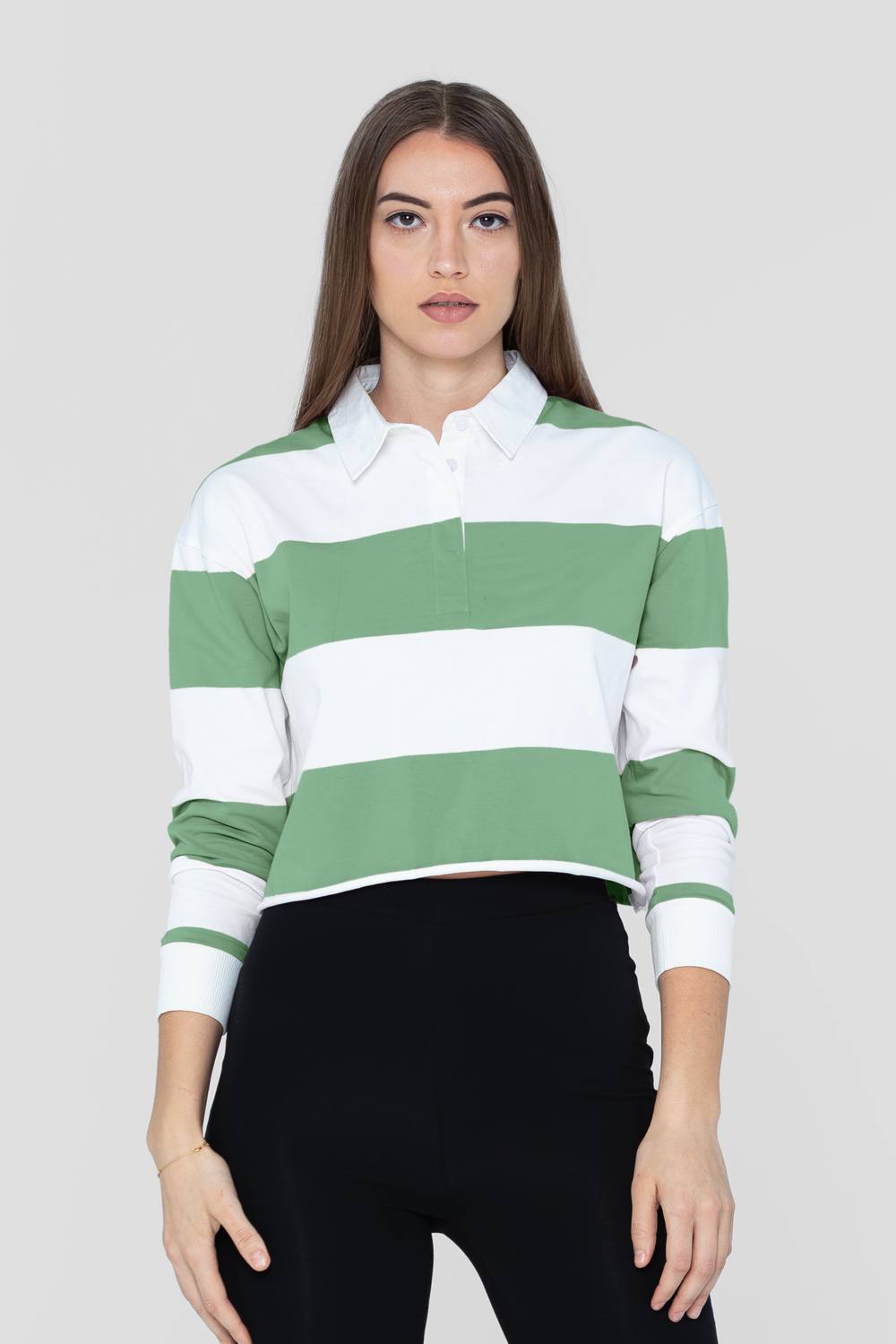 Enorsia Combed Cotton Yd Oversized Cropped Long Sleeve Polo Shirt In Green Enorsia Combed Cotton Yd Oversized Cropped Long Sleeve Polo Shirt In Green