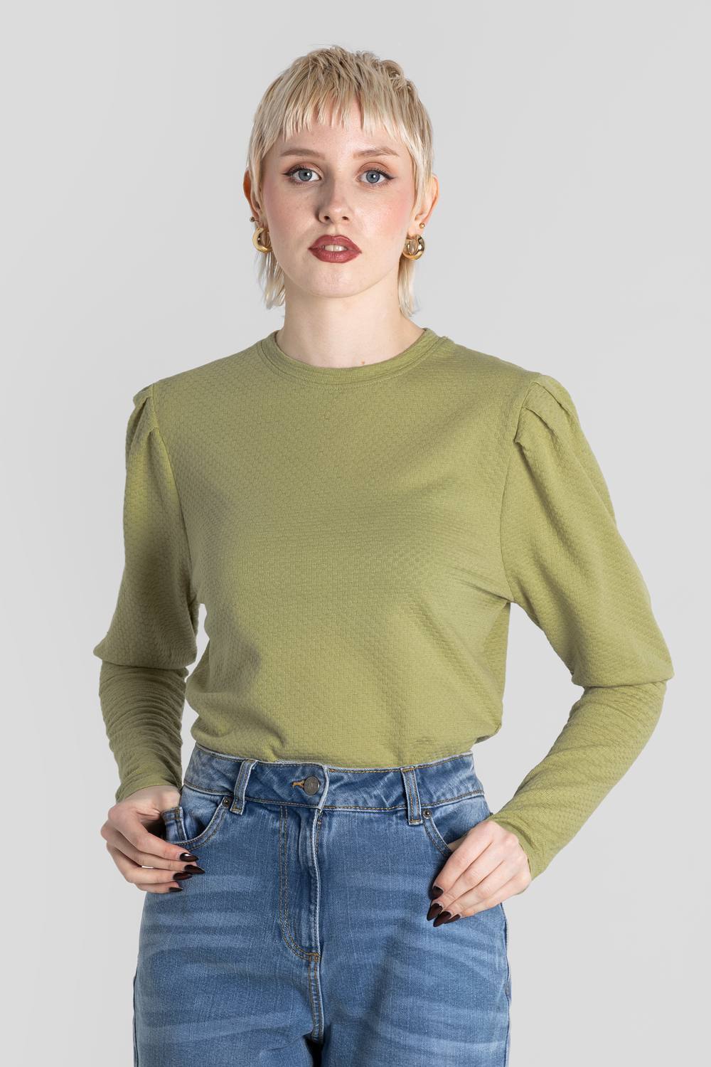 Enorsia Long Sleeve Crew Neck Jersey Top With Puff Sleeve In Olive Enorsia Long Sleeve Crew Neck Jersey Top With Puff Sleeve In Olive