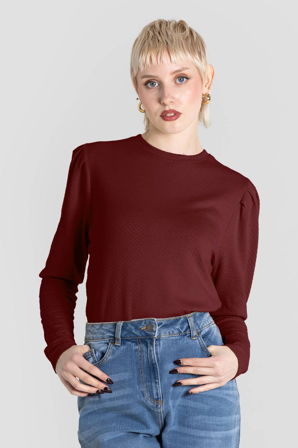 Enorsia Long Sleeve Crew Neck Jersey Top With Puff Sleeve In Maroon Enorsia Long Sleeve Crew Neck Jersey Top With Puff Sleeve In Maroon