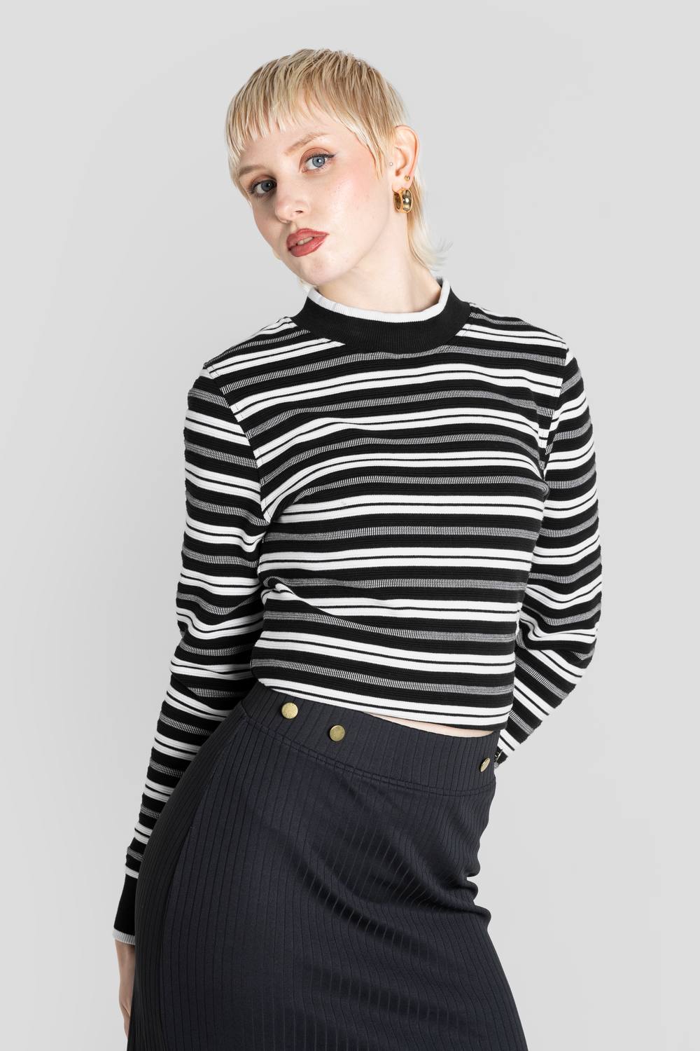 Enorsia Striped Ribbed Long Sleeve High Neck Jersey Top In Black Enorsia Striped Ribbed Long Sleeve High Neck Jersey Top In Black