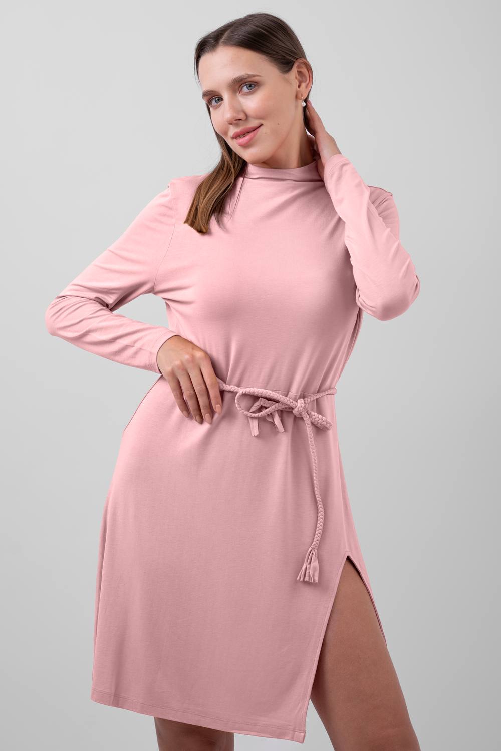 Enorsia Mock Neck Tie-Belt Mini Dress In Pink Enorsia Mock Neck Tie-Belt Mini Dress In Pink