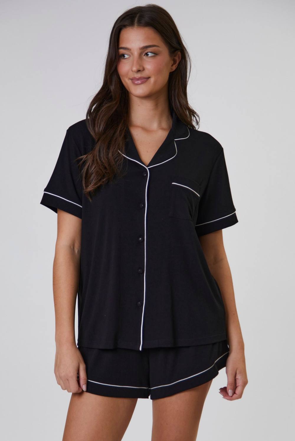 Loungeable Rib Short Sleeve Traditional Shirt And Shorts In Black Loungeable Rib Short Sleeve Traditional Shirt And Shorts In Black