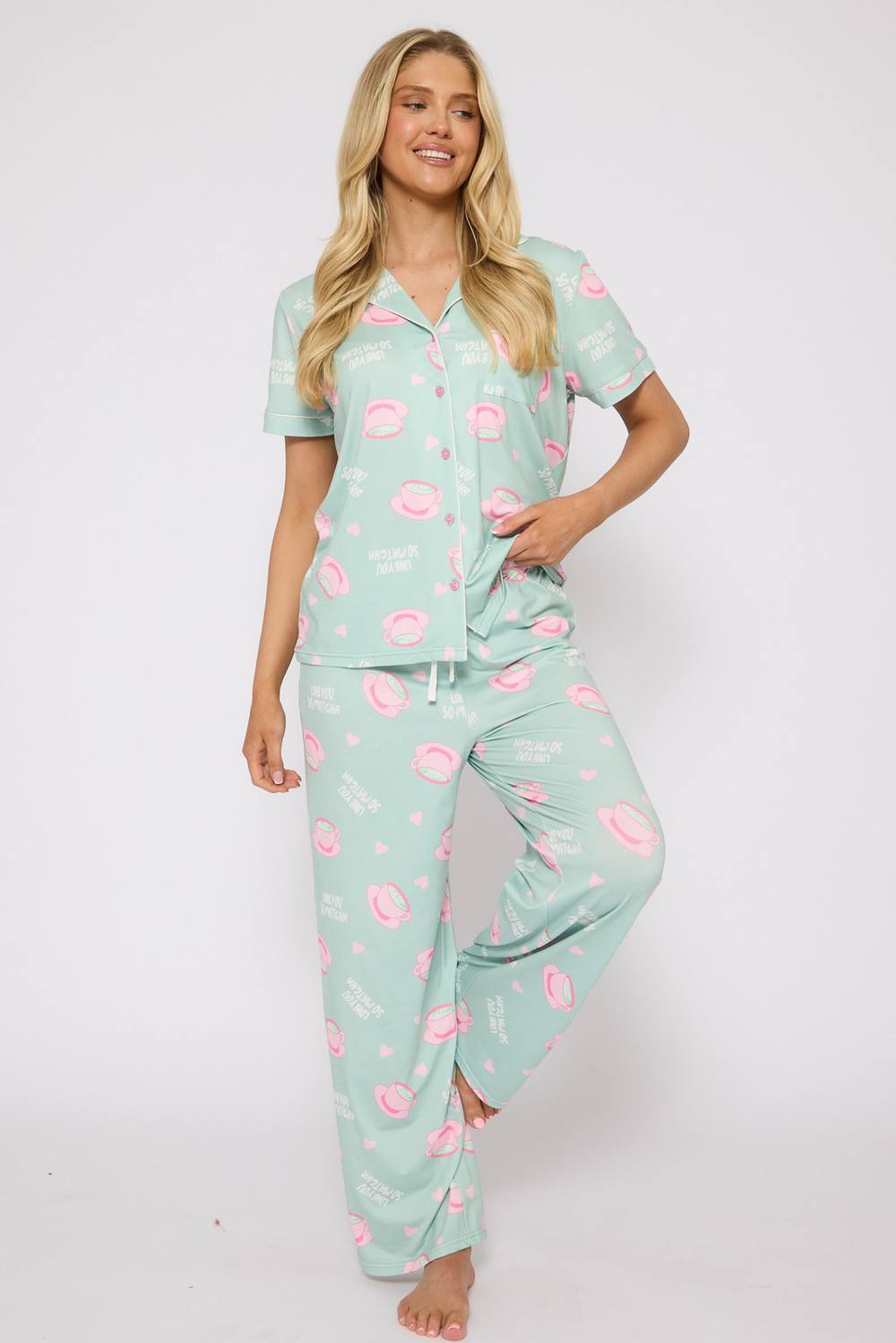 Loungeable I Love You So Matcha Printed Short Sleeve Pyjamas In Green Loungeable I Love You So Matcha Printed Short Sleeve Pyjamas In Green