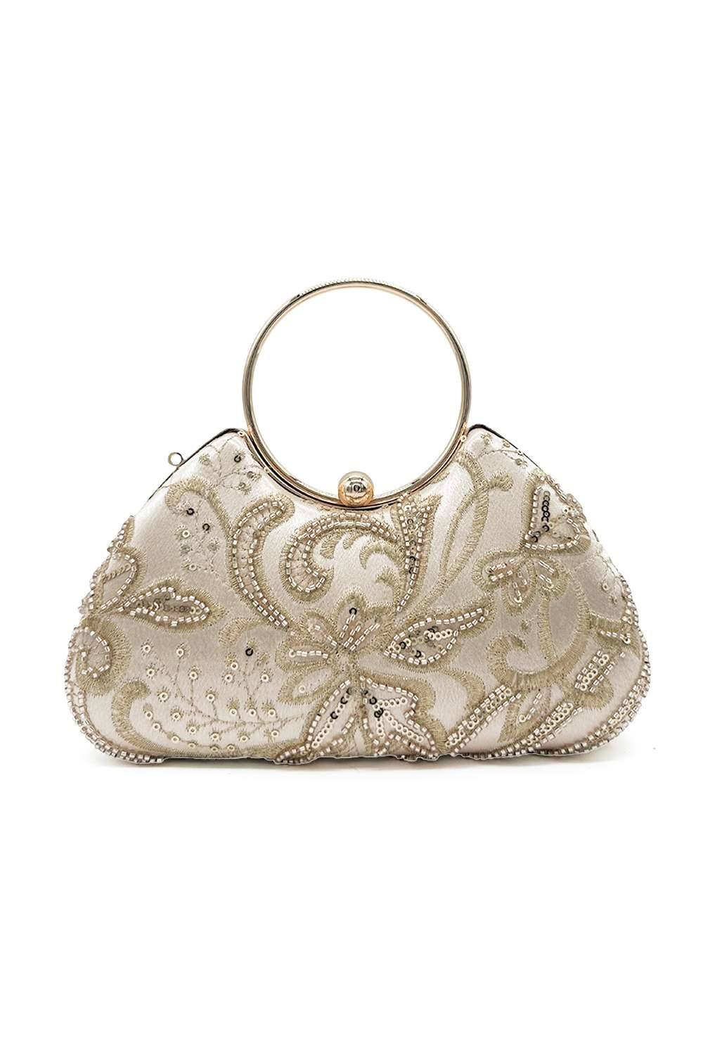 Kitise Floral Beading Embroidered Round Handle Evening Bag In Gold Kitise Floral Beading Embroidered Round Handle Evening Bag In Gold