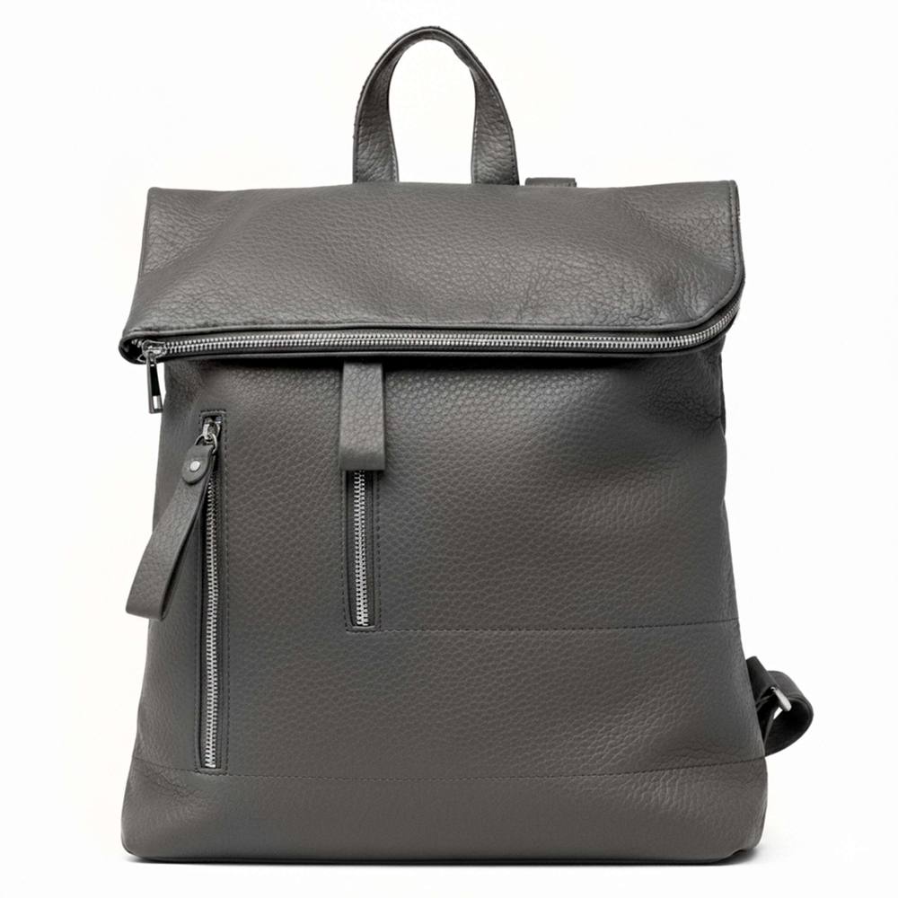 Kitise Pebbled Pu Leather Foldover Rommy Backpack Travel Bag In Grey Kitise Pebbled Pu Leather Foldover Rommy Backpack Travel Bag In Grey