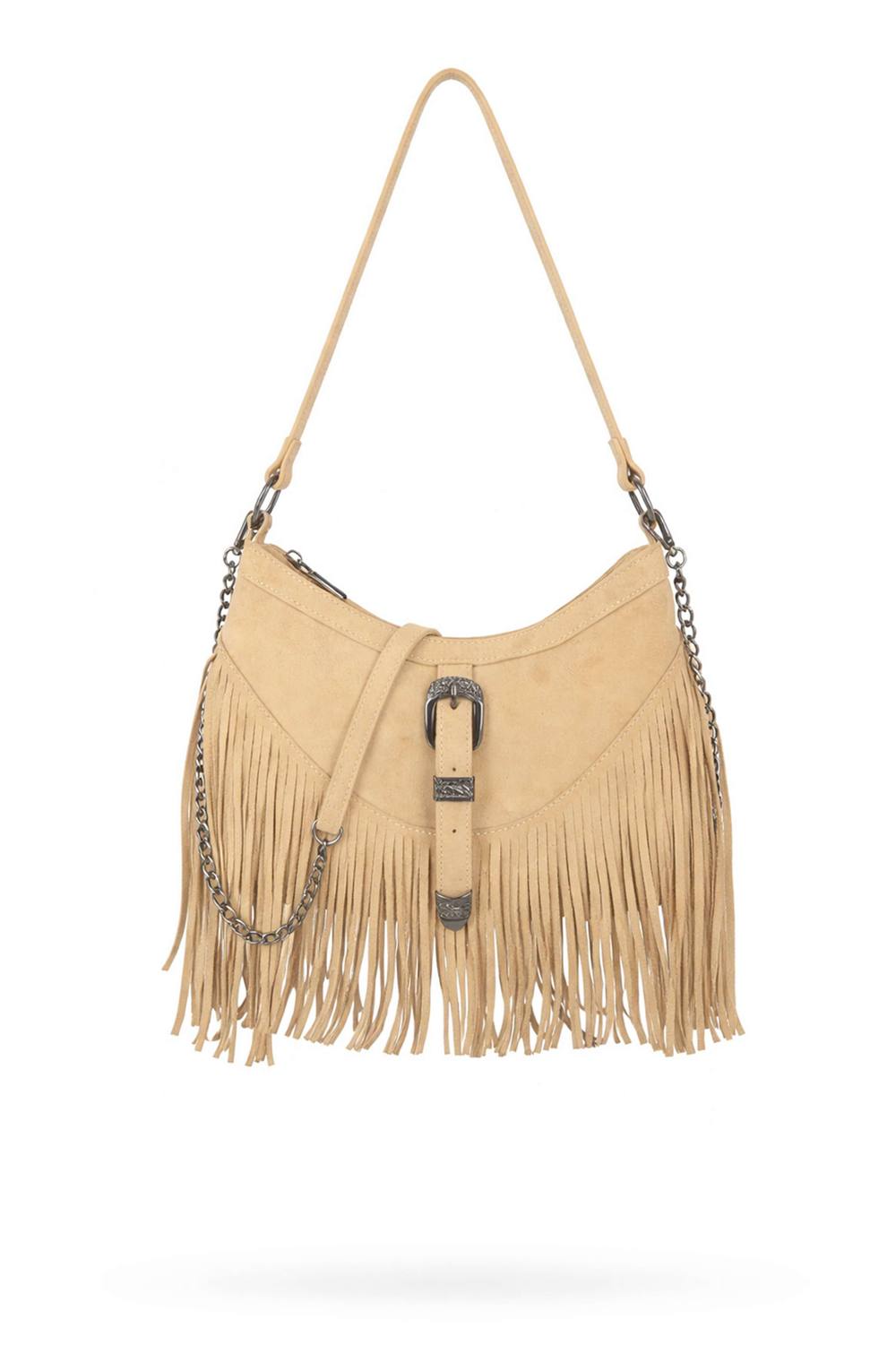 Kitise Fringe Faux Suede Shoulder Crossbody Bag With Front Buckle In Beige Kitise Fringe Faux Suede Shoulder Crossbody Bag With Front Buckle In Beige