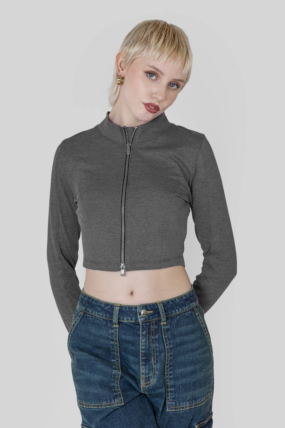 Enorsia Design Jersey Long Sleeve Crop Zip Top In Grey Enorsia Design Jersey Long Sleeve Crop Zip Top In Grey