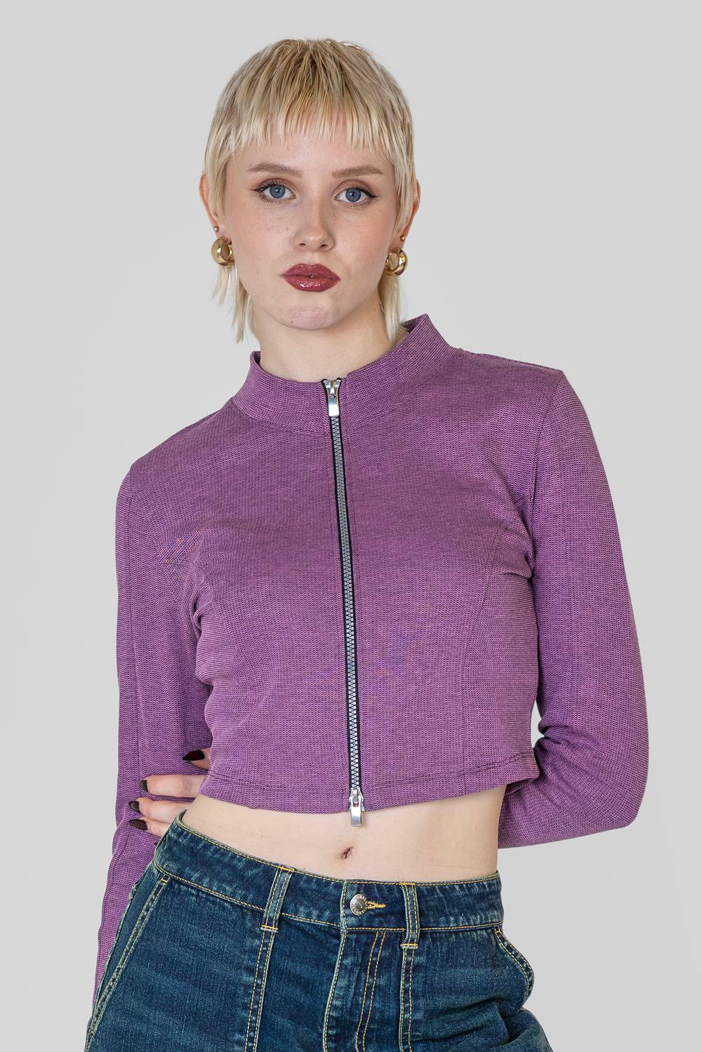 Enorsia Design Jersey Long Sleeve Crop Zip Top In Pink Enorsia Design Jersey Long Sleeve Crop Zip Top In Pink