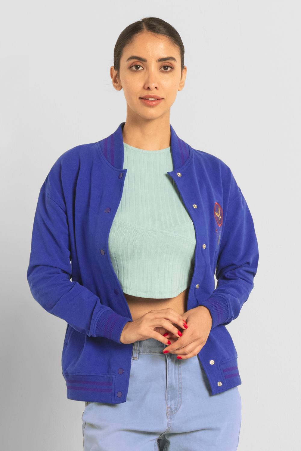 Enorsia Varsity Embroidered Jacket In Blue Enorsia Varsity Embroidered Jacket In Blue