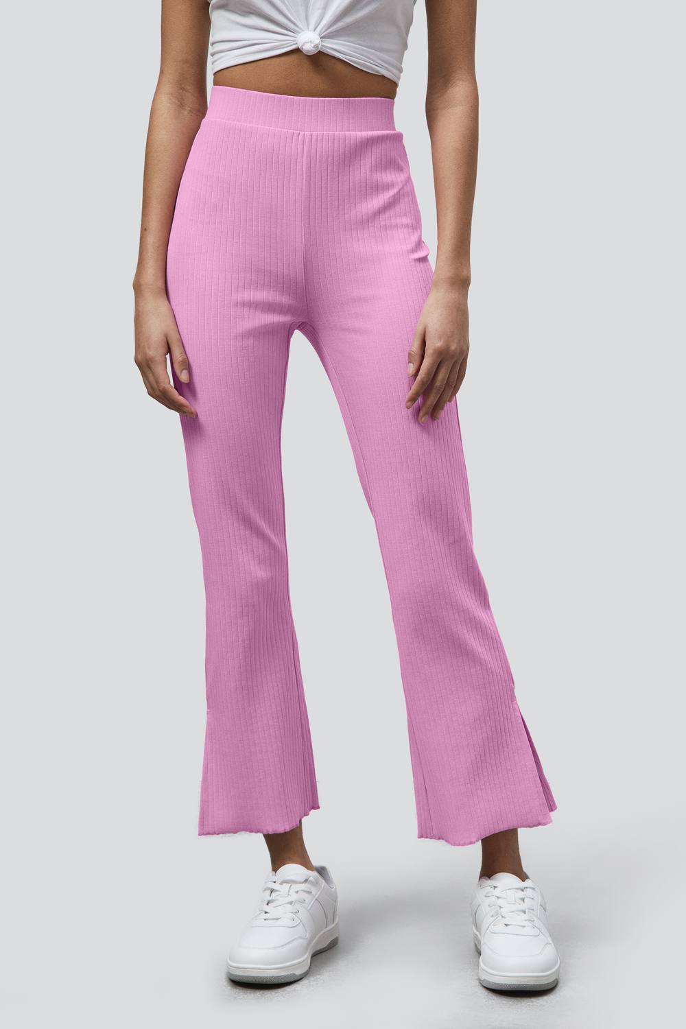Enorsia Textured Rib Side Slit Jersey Trousers In Pink Enorsia Textured Rib Side Slit Jersey Trousers In Pink