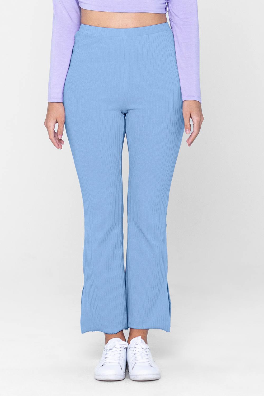 Enorsia Textured Rib Side Slit Jersey Trousers In Blue Enorsia Textured Rib Side Slit Jersey Trousers In Blue