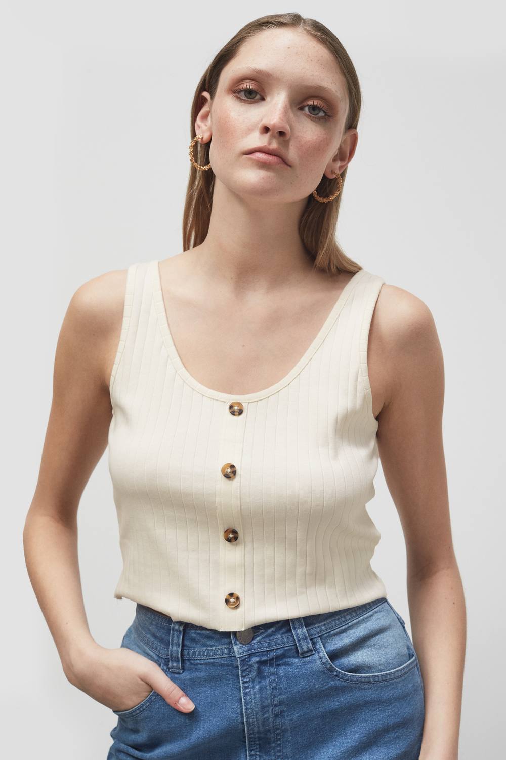 Enorsia Ribbed Front Button Tank Top In Cream Enorsia Ribbed Front Button Tank Top In Cream