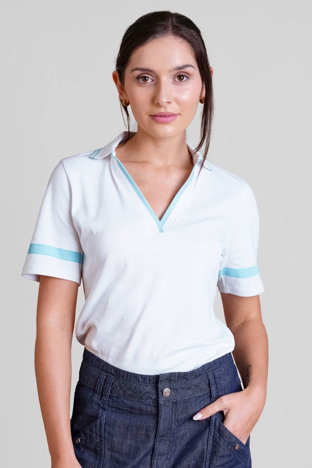 Enorsia Cornelia Stripe Short Sleeve Polo Shirt In Light Blue Enorsia Cornelia Stripe Short Sleeve Polo Shirt In Light Blue