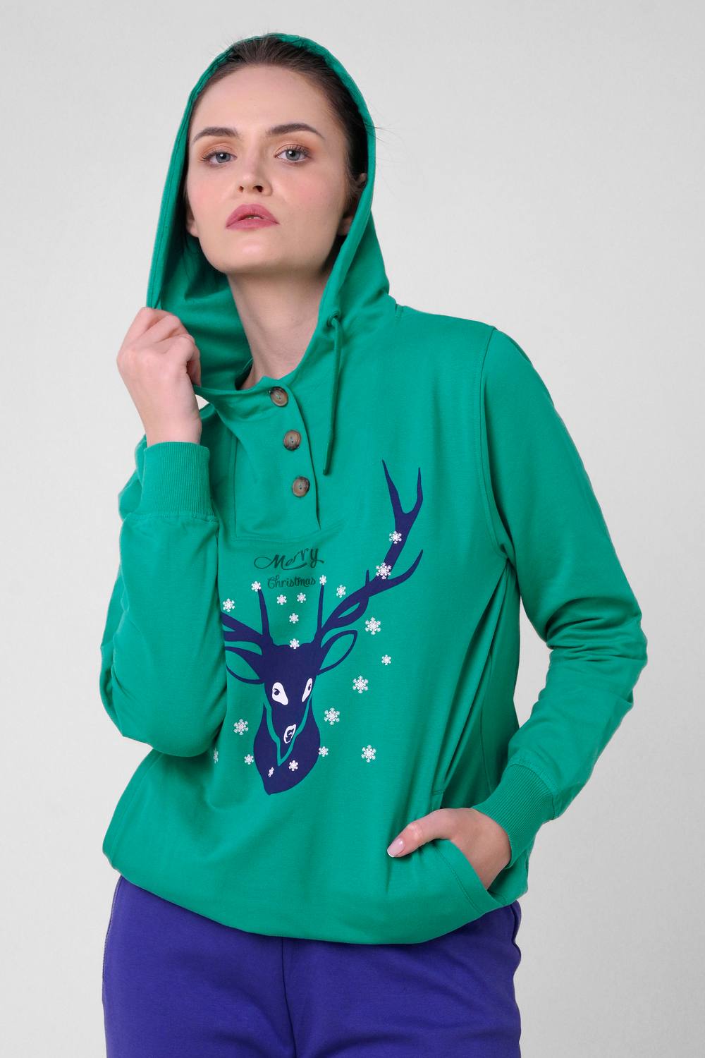 Enorsia Festive Reindeer Green Hoodie Enorsia Festive Reindeer Green Hoodie