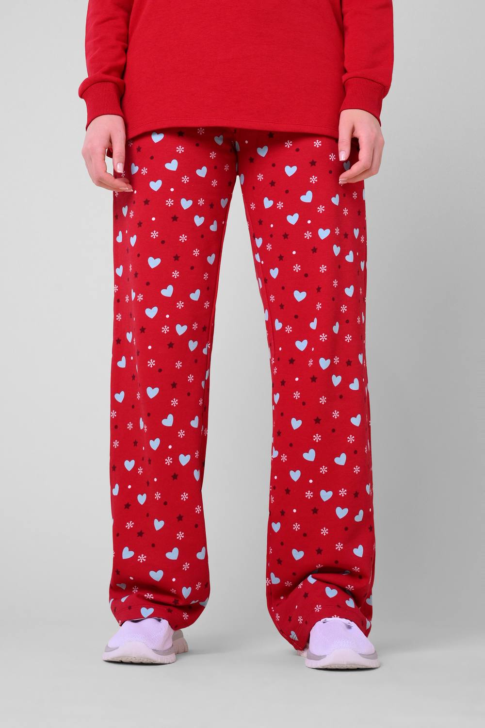 Enorsia Christmas Snow Heart Printed Trousers In Red Enorsia Christmas Snow Heart Printed Trousers In Red