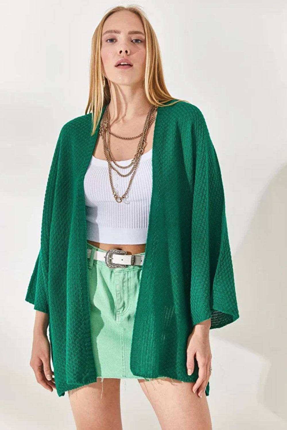 Hoxton Gal Regular Fit Batwing Sleeve Open Front Knit Cardigan In Green Hoxton Gal Regular Fit Batwing Sleeve Open Front Knit Cardigan In Green