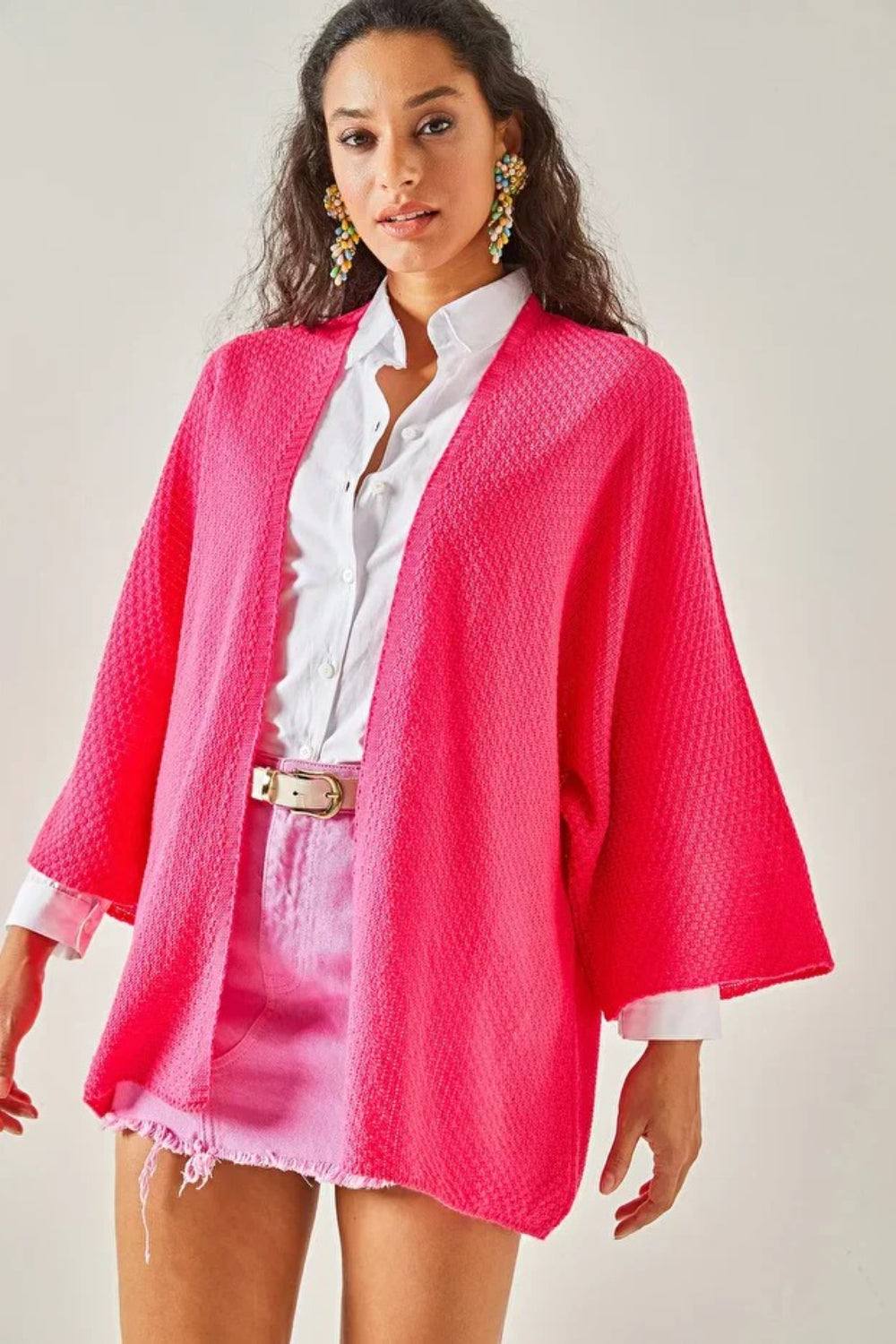 Hoxton Gal Regular Fit Batwing Sleeve Open Front Knit Cardigan In Fuchsia Hoxton Gal Regular Fit Batwing Sleeve Open Front Knit Cardigan In Fuchsia