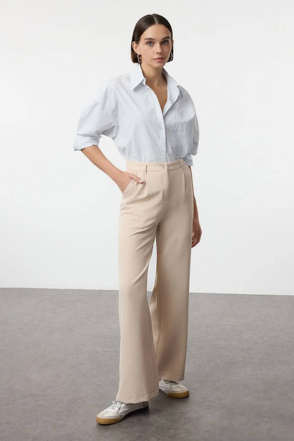 Hoxton Gal High-Waist Wide-Leg Woven Pleated Trousers In Stone Hoxton Gal High-Waist Wide-Leg Woven Pleated Trousers In Stone