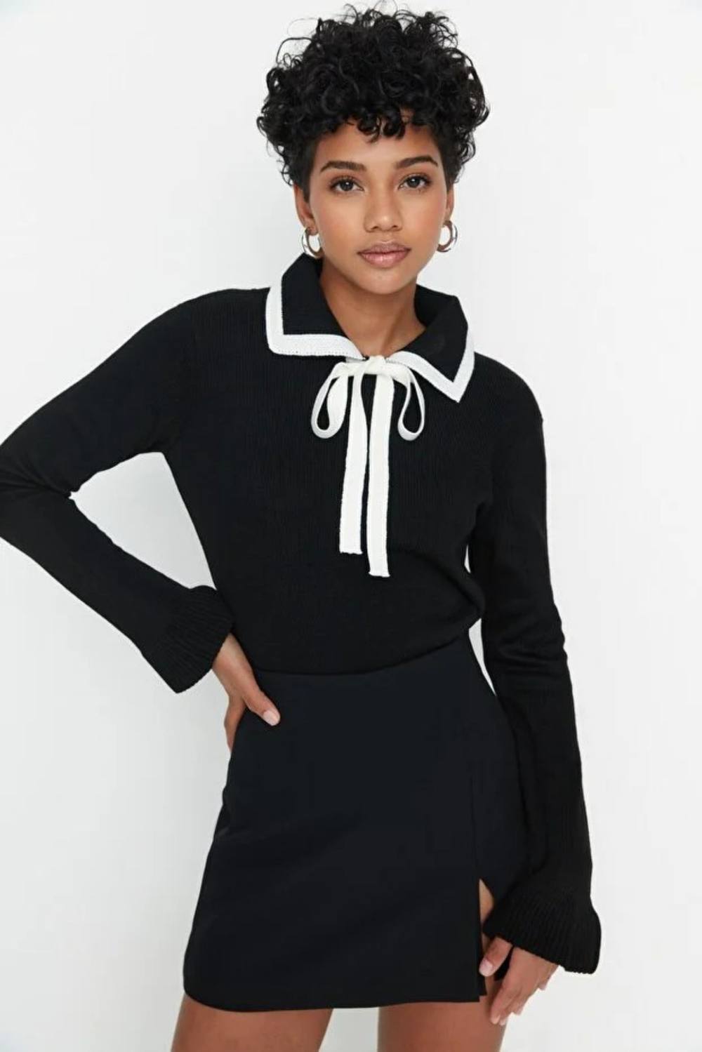 Hoxton Gal Knit Sweater With Contrast Collar And Front Ribbon Bow Tie Detail In Black Hoxton Gal Knit Sweater With Contrast Collar And Front Ribbon Bow Tie Detail In Black