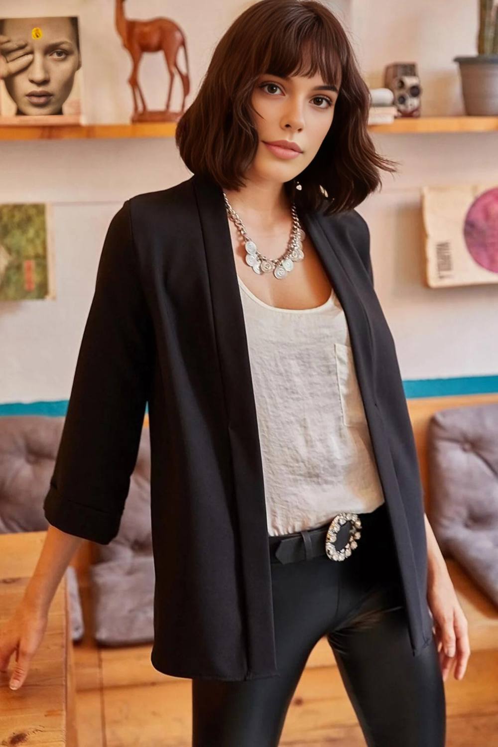 Hoxton Gal Regular Fit Satin Shawl Collar Blazer Jacket With Sleeve In Black Hoxton Gal Regular Fit Satin Shawl Collar Blazer Jacket With Sleeve In Black